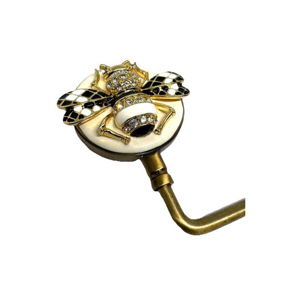 BLACK CREAM BEE JEWELED PURSE HOOK HANDBAG HOLDER CRYSTAL TABLE HANGER - Picture 3 of 4